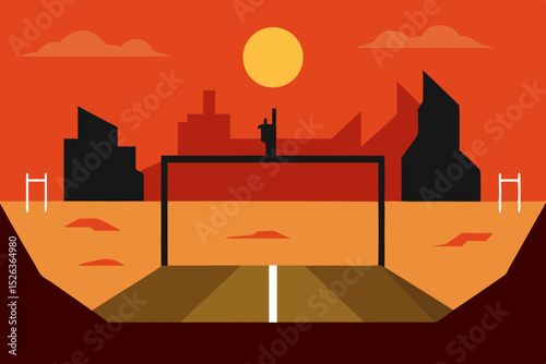 Cricket Stadium Silhouette Sunset over Urban Skyline