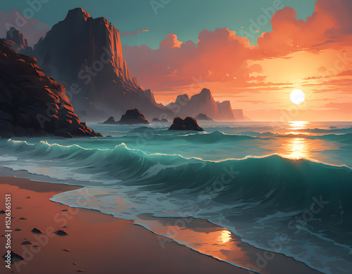Deserted beach landscape at sunset at high tide