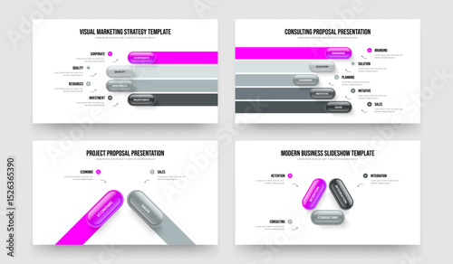Product Proposal Four Five Two Three Step Diagram Slideshow Design Vector Illustration Set. Corporate Innovation 4 5 2 3 Element Infographic Presentation Layout Bundle.