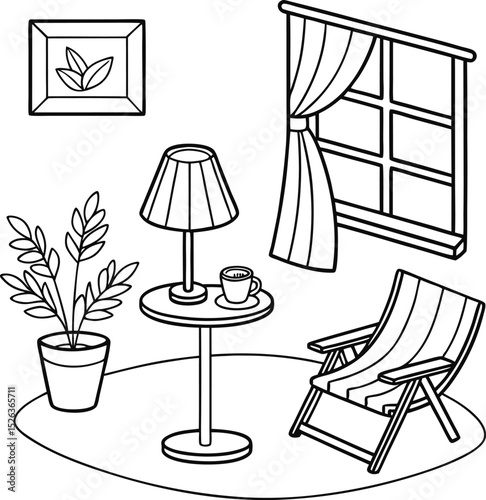 Here's a sentence for describing the image:

A set of furniture icons featuring a vintage desk lamp, chair, and table silhouettes for interior room design