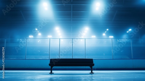 A hockey rink's penalty box with bench and glass, indoor setting with bright arena lights, Detailed style