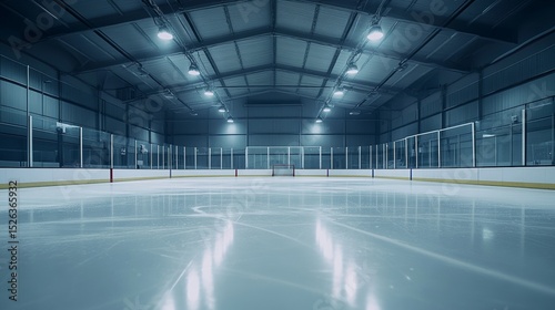 A hockey rink's penalty box with glass and ice, indoor setting with bright lights, Modern style