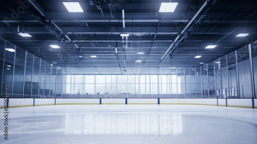 A hockey rink's penalty box with glass and ice, indoor setting with bright lights, Modern style