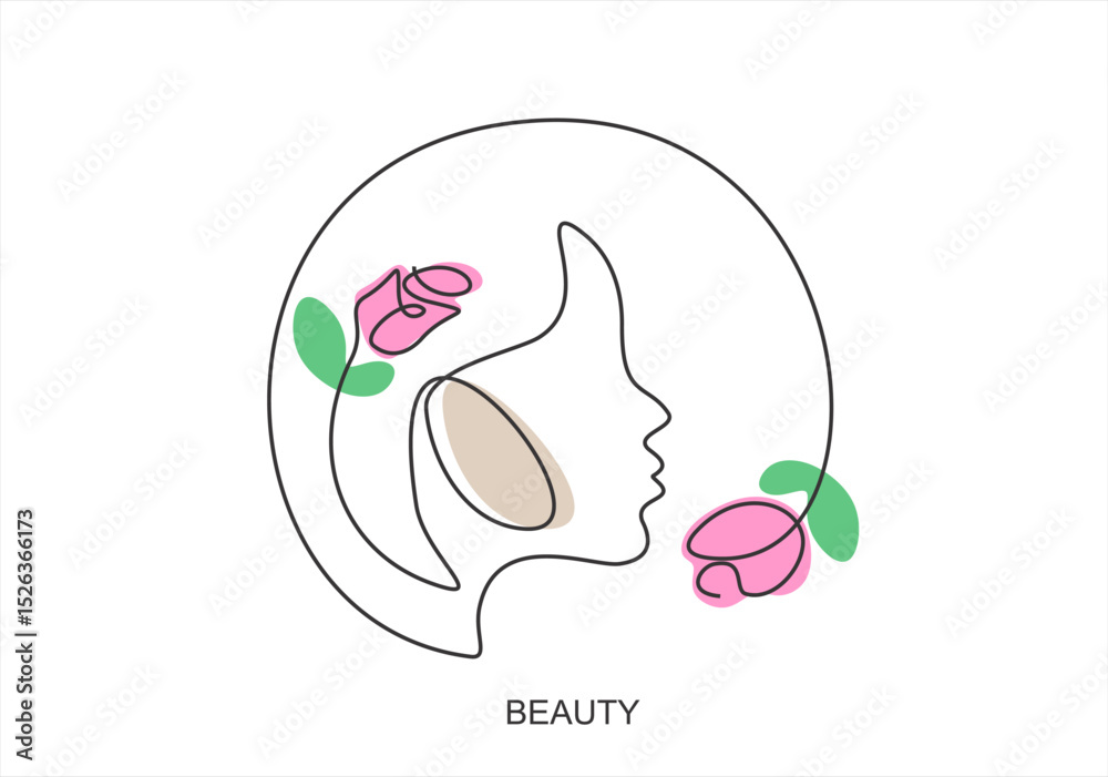 Obraz premium Beauty logo with a woman profile and flowers in a circle. line icon-continuous line drawing. Editable stroke.