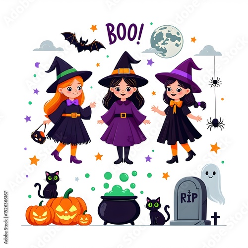 Adorable halloween illustration featuring three witch girls pumpkins cats bats and spiders with boo photo