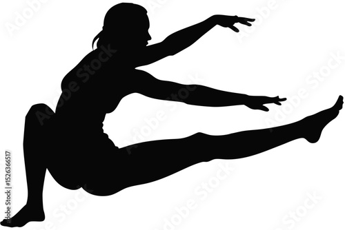 Silhouette of a woman stretching her leg and reaching out with both arms in a yoga pose on white created with generated ai