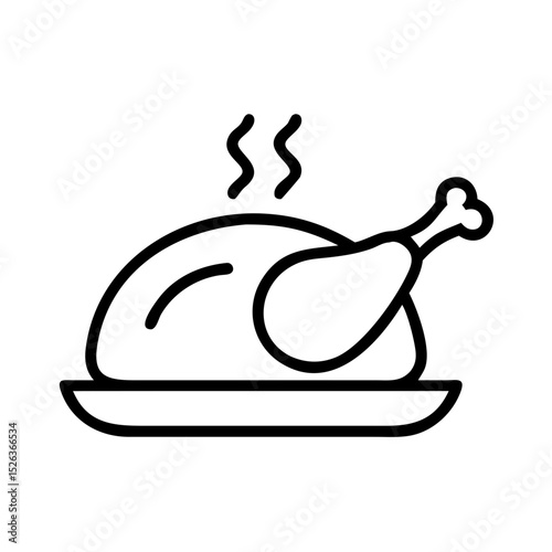 Roast turkey outline icon representing Thanksgiving feast. Black illustration, vector. Modern minimal flat design, white background.
