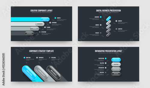 Advertising Planning 4 5 3 4 Element Diagram Presentation Template Set. Corporate Solution Four Five Three Four Option Infographic Slide Layout Vector Illustration Collection.