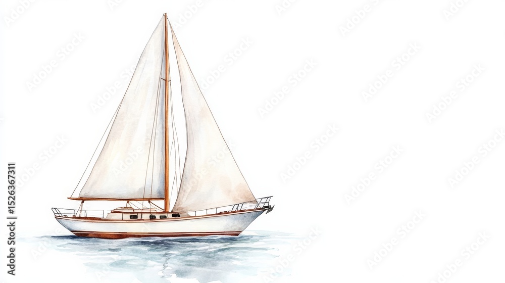 Fototapeta premium Watercolor Sailboat Painting Side Profile, Ocean Scene, Nautical Art, Sailboat Illustration. Sailboat, Watercolor