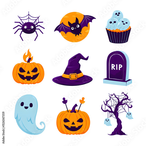 Festive halloween icons collection featuring pumpkins ghosts bats and spooky elements on orange background