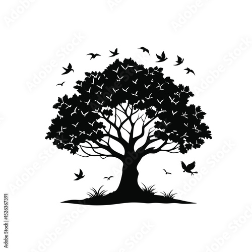 silhouette vector icon of tree with flying birds on a white background in Adobe Illustrator Artwork
