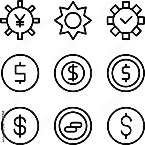 Set of Simple Black Line Art Icons of Money, Sun, and Geometric Shapes