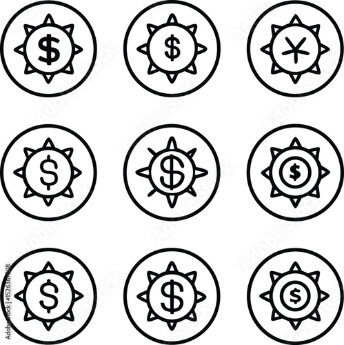 Set of Simple Black Line Art Icons of Money, Sun, and Geometric Shapes