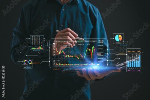 investment financial concept Business finance data analytics graph.Financial management technology.Advisor using KPI Dashboard on virtual screen, man using digital tablet pen working with data charts