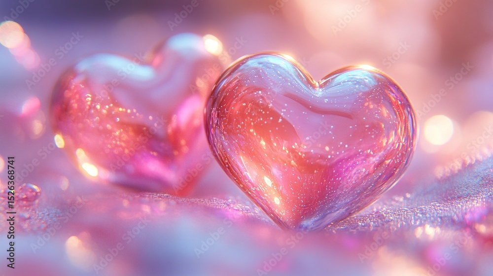 Fototapeta premium Abstract Valentine's Day art featuring floating 3D metallic hearts with iridescent reflections in a pink and gold color scheme for a luxurious love theme.