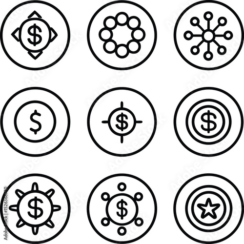 Set of Simple Black Line Art Icons of Money, Sun, and Geometric Shapes