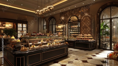Luxurious pastry shop interior with display cases filled with delectable desserts.
