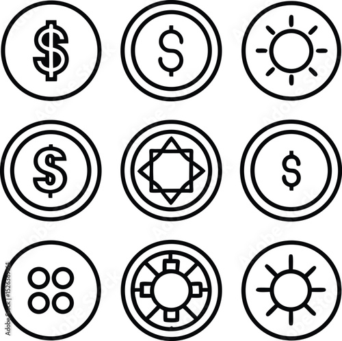 Set of Simple Black Line Art Icons of Money, Sun, and Geometric Shapes
