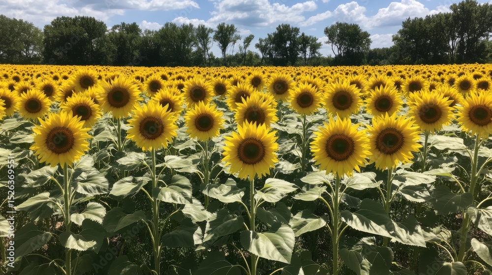 Obraz premium Vibrant sunflower field under a bright blue sky, showcasing nature's beauty and tranquility