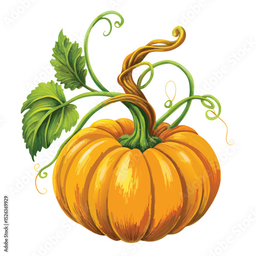 Brightly colored illustration of a realistic pumpkin with vines and fresh green leaves