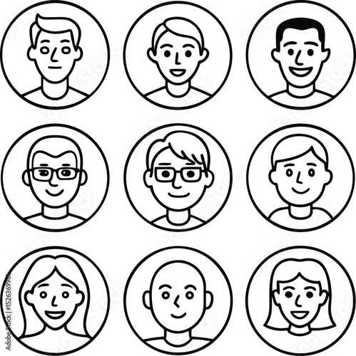 Nine simple line art avatars of men and women, perfect for social media profiles, websites, or online applications.
