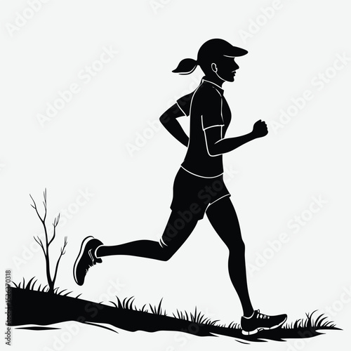 A runner sprinting on a trail with mountains behind  silhouette image vector art and illustration	