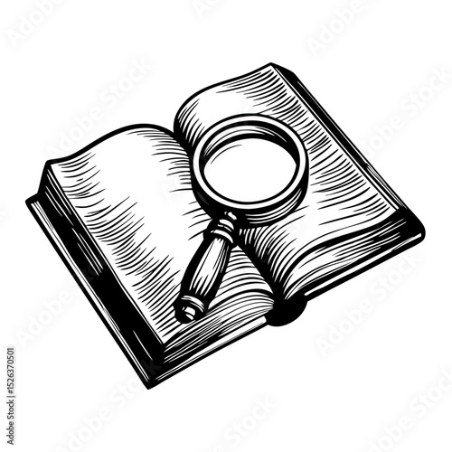 Vintage Engraving of an Open Book with a Magnifying Glass for Educational Materials, Literature Blogs, Historical Insights, and Art Designs  