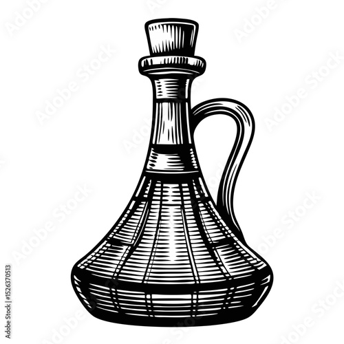 Vintage Engraving of a Decorative Vinegar Bottle for Culinary Blogs, Home Decor Websites, Vintage Kitchenware Articles, and Graphic Design Projects  