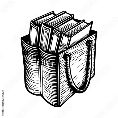 Vintage Engraving of a Tote Bag Filled with Books for Literary Blogs, Bookstores, Educational Websites, and Reading Awareness Campaigns  