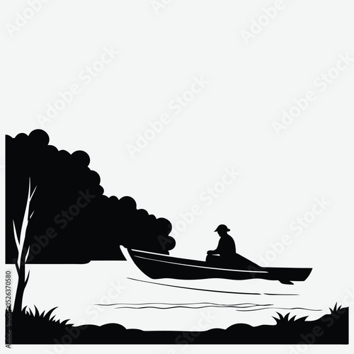 A boat drifting on a misty river  silhouette image vector art and illustration	