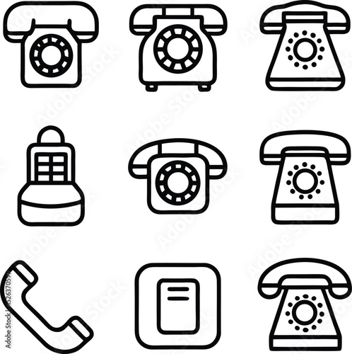 This set of nine line art icons depicts various vintage telephone designs, including rotary dial phones, handset, and a telephone base.