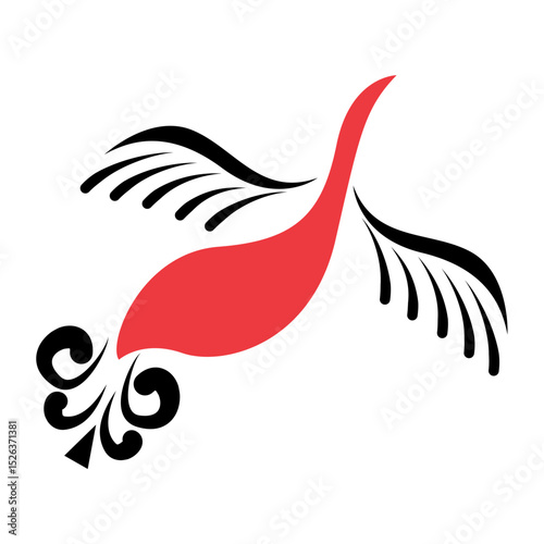 Vector red bird drawn in mezensky style. Mezen painting. Mezensky style. Illustration of red bird in geometric art style isolated on white background