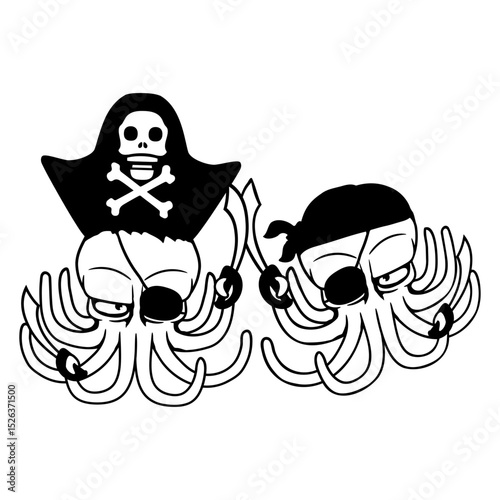 Two octopus pirate sailing crew captain privateer Isolated Vector Graphic Design Illustration
