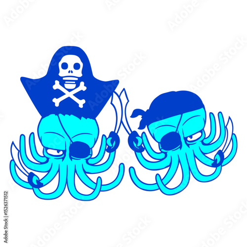Two octopus pirate sailing crew captain privateer Isolated Vector Graphic Design Illustration
