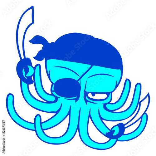 Octopus pirate crew captain sailor buccaneer sail Isolated Vector Graphic Design Illustration
