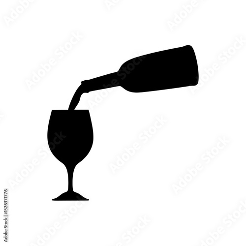 glass of wine , Silhouette of wine bottle pouring liquid into a wine glass on white on white background , no background