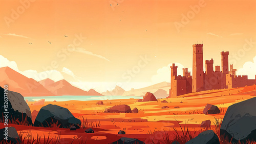 A vast, sun-drenched landscape unfolds, featuring a majestic castle nestled amidst a dry, arid plain.