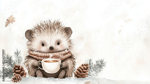 Hedgehog in scarf drinking cocoa in winter scene