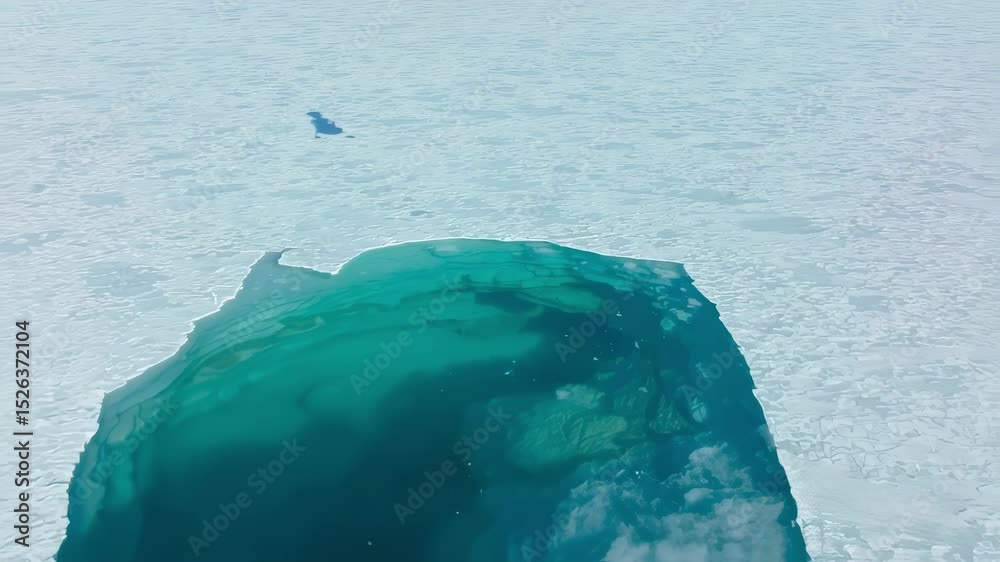 A remarkable lander approaches the frozen expanse of a distant planet, casting its shadow on the icy surface. The turquoise water peeks from beneath the frost, hinting at hidden mysteries.
