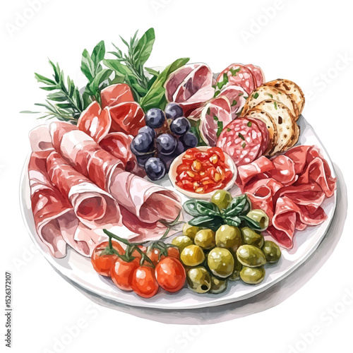 Antipasto Platter, watercolor clipart vector, high quality, isolated on a white background.