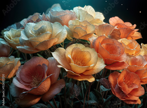 Soft, peachy-orange and cream-colored roses,  arranged in a dense cluster,  exhibiting delicate textures.