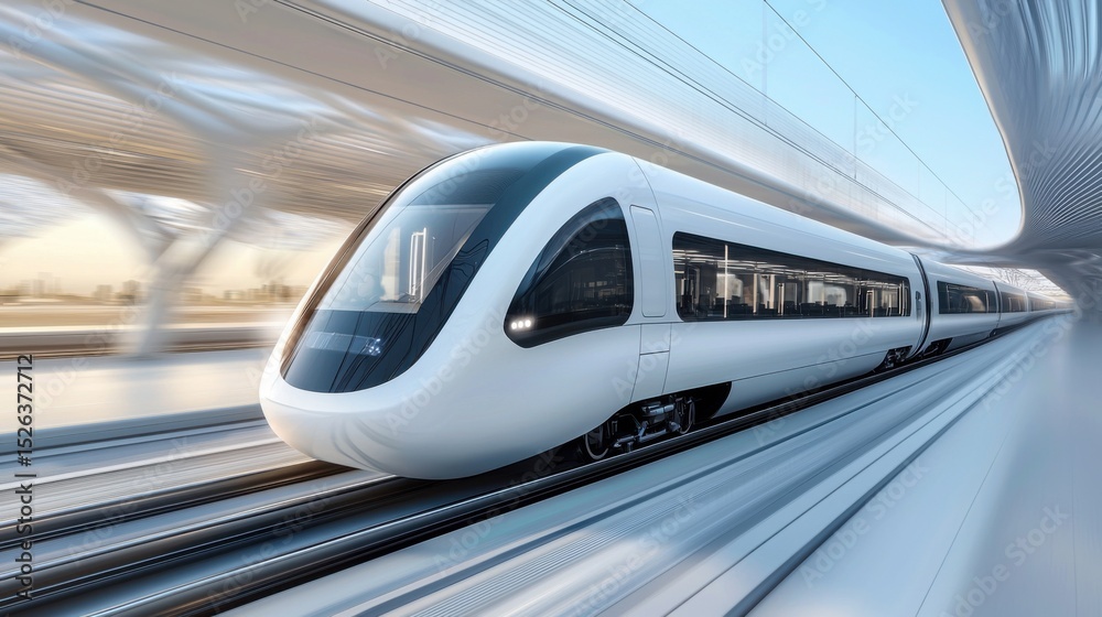 Fototapeta premium High-Speed Modern Train Rushing Down the Tracks with Sleek Design