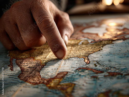 close up of person hand pointing to specific location on vintage map, showcasing intricate details and geographical features. scene evokes sense of exploration and discovery