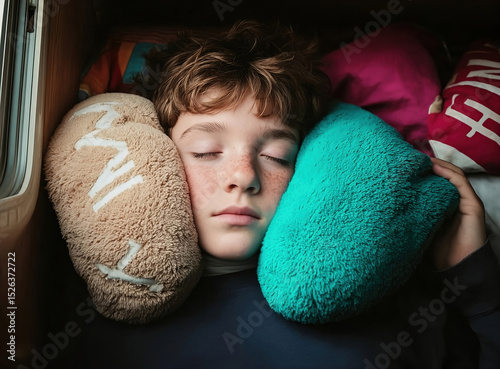 a child sleeping in a vehicle, surrounded by various colorful pillows and blankets. The person is holding a teal pillow while resting their head on a beige pillow.