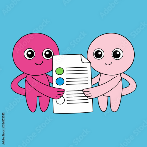 Cute cartoon characters sharing a document
