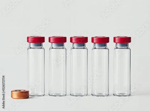 Empty glass vials with red caps, arranged in a precise row.