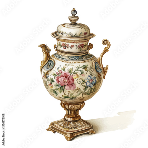 watercolor of Antique Floral-engraved Samovar, vector high quality, isolated on a white background.