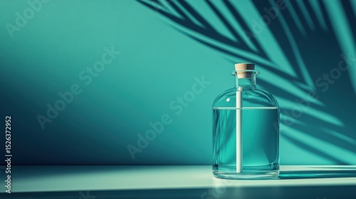 Clear glass bottle filled with water, casting shadows on a turquoise background