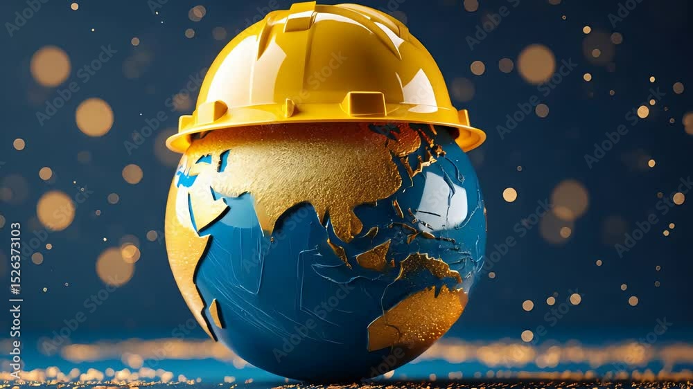 Globe wearing yellow construction helmet on sparkling blue background, symbolizing global industry, safety gear, and infrastructure focus
Globe wearing yellow construction helmet on sparkling blue background, symbolizing global industry, safety gear, and infrastructure focus