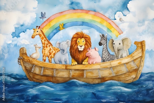 Watercolor painting of noah's ark with lion, giraffe, elephant, zebra, dove and pig, with rainbow behind the boat, clouds and sunlight in the sky, blue water